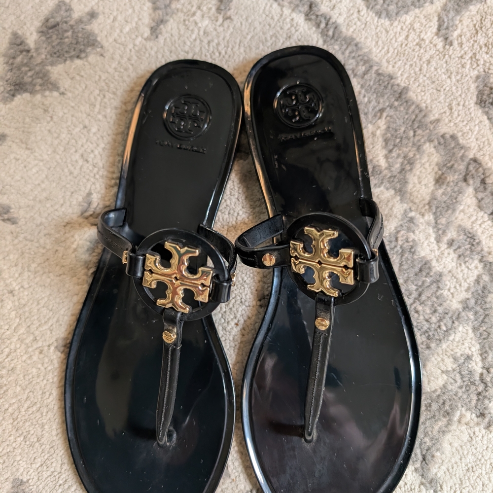 Tory Burch Black Sandals with Gold Logo